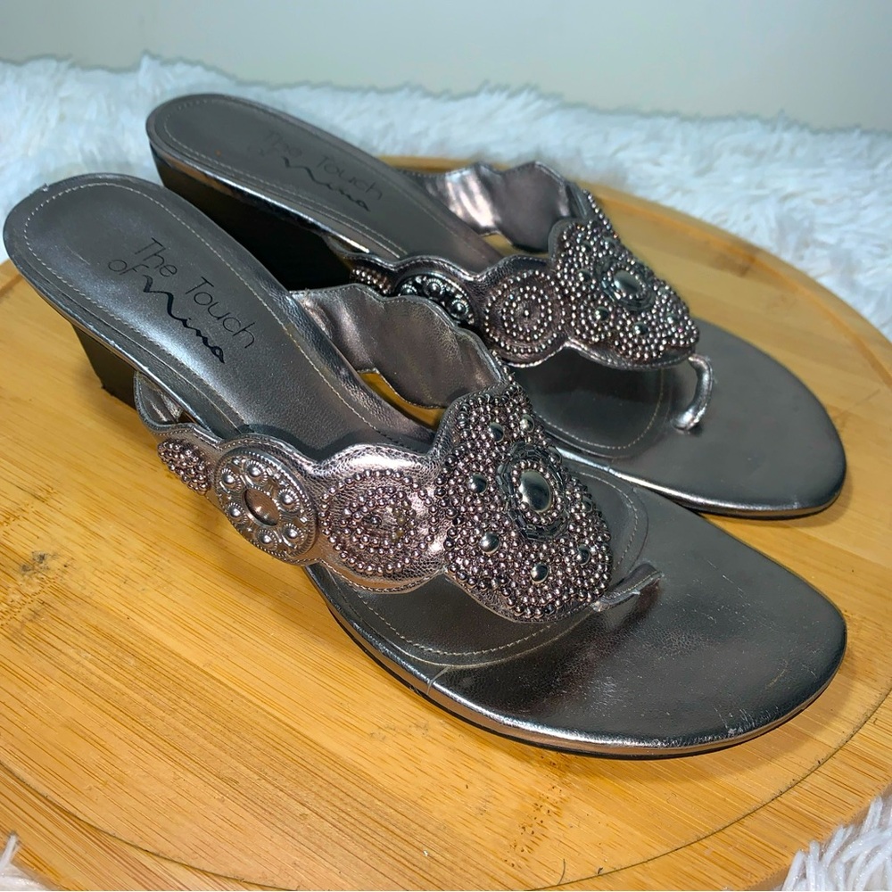 The Touch of Nina Sandals Heeled Dark Silver Beaded Women’s Size 9M